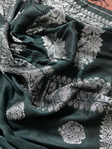 Handmade Pine Green Color Saree in Linen blend with Cotton Silk with Sliver Zari Weave - No Blouse - Kaash