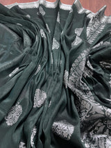 Handmade Pine Green Color Saree in Linen blend with Cotton Silk with Sliver Zari Weave - No Blouse - Kaash