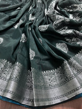 Handmade Pine Green Color Saree in Linen blend with Cotton Silk with Sliver Zari Weave - No Blouse - Kaash