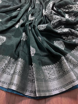 Handmade Pine Green Color Saree in Linen blend with Cotton Silk with Sliver Zari Weave - No Blouse - Kaash