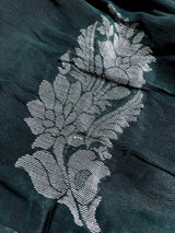 Handmade Pine Green Color Saree in Linen blend with Cotton Silk with Sliver Zari Weave - No Blouse - Kaash