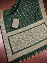 Handmade Pine Green Color Soft Silk Saree - Muted Gold Resham Zari Weave - Brocade Blouse - Light Weight Easy Drape Saree - Gift For Her - Kaash