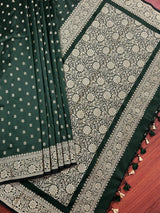 Handmade Pine Green Color Soft Silk Saree - Muted Gold Resham Zari Weave - Brocade Blouse - Light Weight Easy Drape Saree - Gift For Her - Kaash