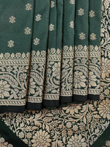 Handmade Pine Green Color Soft Silk Saree - Muted Gold Resham Zari Weave - Brocade Blouse - Light Weight Easy Drape Saree - Gift For Her - Kaash