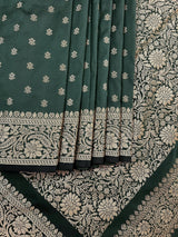 Handmade Pine Green Color Soft Silk Saree - Muted Gold Resham Zari Weave - Brocade Blouse - Light Weight Easy Drape Saree - Gift For Her - Kaash