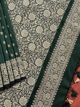 Handmade Pine Green Color Soft Silk Saree - Muted Gold Resham Zari Weave - Brocade Blouse - Light Weight Easy Drape Saree - Gift For Her - Kaash