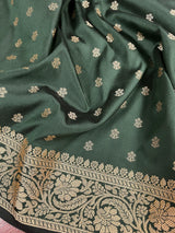 Handmade Pine Green Color Soft Silk Saree - Muted Gold Resham Zari Weave - Brocade Blouse - Light Weight Easy Drape Saree - Gift For Her - Kaash