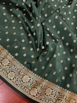 Handmade Pine Green Color Soft Silk Saree - Muted Gold Resham Zari Weave - Brocade Blouse - Light Weight Easy Drape Saree - Gift For Her - Kaash