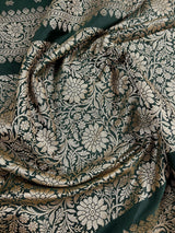 Handmade Pine Green Color Soft Silk Saree - Muted Gold Resham Zari Weave - Brocade Blouse - Light Weight Easy Drape Saree - Gift For Her - Kaash