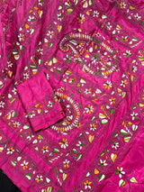 Handmade Pink Color Kantha Saree - Bangalori Silk Saree - Handwoven Kantha Stitch Sarees - Multi Color - Kantha Stitch Silk Saree - Kaash