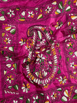 Handmade Pink Color Kantha Saree - Bangalori Silk Saree - Handwoven Kantha Stitch Sarees - Multi Color - Kantha Stitch Silk Saree - Kaash