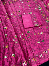 Pink hand Kantha stitch saree on Bangalori silk — Kaash Collection