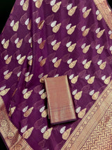 Handmade Purple Color Banarasi Cotton Silk Saree with Antique Copper and Sliver Zari Weave - Kaash
