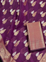 Handmade Purple Color Banarasi Cotton Silk Saree with Antique Copper and Sliver Zari Weave - Kaash