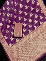Handmade Purple Color Banarasi Cotton Silk Saree with Antique Copper and Sliver Zari Weave - Kaash