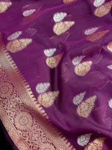 Handmade Purple Color Banarasi Cotton Silk Saree with Antique Copper and Sliver Zari Weave - Kaash