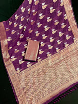 Handmade Purple Color Banarasi Cotton Silk Saree with Antique Copper and Sliver Zari Weave | Handmade Sarees - Kaash