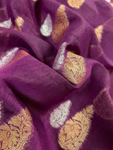 Handmade Purple Color Banarasi Cotton Silk Saree with Antique Copper and Sliver Zari Weave | Handmade Sarees - Kaash