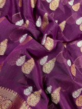 Handmade Purple Color Banarasi Cotton Silk Saree with Antique Copper and Sliver Zari Weave | Handmade Sarees - Kaash