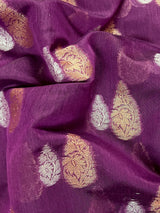 Handmade Purple Color Banarasi Cotton Silk Saree with Antique Copper and Sliver Zari Weave | Handmade Sarees - Kaash