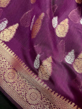 Handmade Purple Color Banarasi Cotton Silk Saree with Antique Copper and Sliver Zari Weave | Handmade Sarees - Kaash