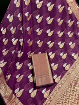 Handmade Purple Color Banarasi Cotton Silk Saree with Antique Copper and Sliver Zari Weave | Handmade Sarees - Kaash