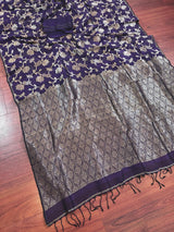 Handmade Purple Color Linen Jamdani Saree with Muted Gold Zari Weave - Kaash