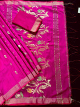 Handmade Rani Pink Bengal Silk Cotton Saree with Floral Pallu - Kaash