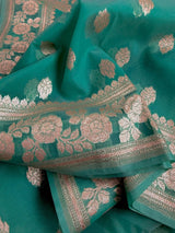 Sea Blue Kora Banarasi saree in banarasi kora silk with muted gold zari handwoven on kora — Kaash Collection