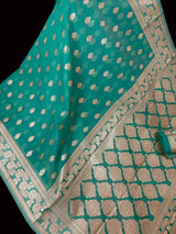 Sea Blue Kora Banarasi saree in banarasi kora silk with muted gold zari handwoven on kora — Kaash Collection