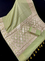 Sea Green Kora Banarasi saree in banarasi kora silk with small buttis in muted gold zari on kora — Kaash Collection