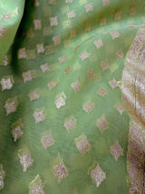 Sea Green Kora Banarasi saree in banarasi kora silk with small buttis in muted gold zari on kora — Kaash Collection
