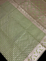 Sea Green Kora Banarasi saree in banarasi kora silk with small buttis in muted gold zari on kora — Kaash Collection