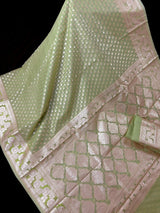 Sea Green Kora Banarasi saree in banarasi kora silk with small buttis in muted gold zari on kora — Kaash Collection