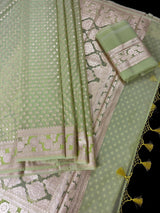 Sea Green Kora Banarasi saree in banarasi kora silk with small buttis in muted gold zari on kora — Kaash Collection