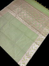 Sea Green Kora Banarasi saree in banarasi kora silk with small buttis in muted gold zari on kora — Kaash Collection