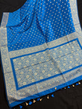Teal Blue Banarasi saree in soft silk with muted gold resham zari weave — Kaash Collection
