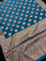 Handmade Teal Color Pure Banarasi Cotton Silk Saree with Antique Copper Zari Weave, Meenakari - Kaash