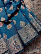 Handmade Teal Color Pure Banarasi Cotton Silk Saree with Antique Copper Zari Weave, Meenakari - Kaash