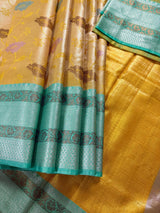 Handmade Yellow Gold Banarasi Tissue Silk Saree with Meenakari - Kaash