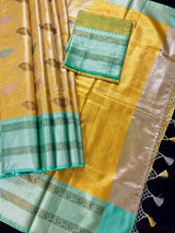 Handmade Yellow Gold Banarasi Tissue Silk Saree with Meenakari - Kaash