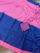 Baby Pink & Blue Bengal Half-and-Half saree in bengal handloom cotton with half-and-half bengal handloom design — Kaash Collection