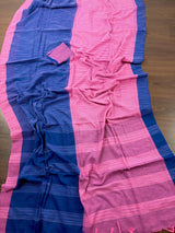 Baby Pink & Blue Bengal Half-and-Half saree in bengal handloom cotton with half-and-half bengal handloom design — Kaash Collection