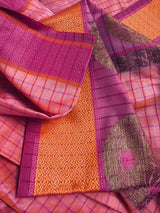 Peach Pink Dual-Tone Check saree in banarasi cotton silk with handwoven check with antique zari — Kaash Collection