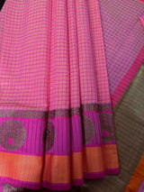 Peach Pink Dual-Tone Check saree in banarasi cotton silk with handwoven check with antique zari — Kaash Collection