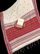 Handwoven Ivory and Red Color Pure Bengal Soft Cotton Saree - Kaash