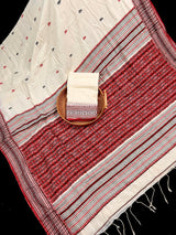 Handwoven Ivory and Red Color Pure Bengal Soft Cotton Saree - Kaash