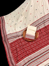 Handwoven Ivory and Red Color Pure Bengal Soft Cotton Saree - Kaash