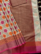 Handwoven Maheshwari Cotton Silk Saree in Ivory Color with Antique Gold Zari Weave with Banarasi Borders and Meenakari - Kaash
