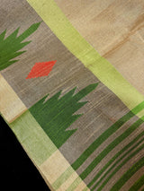 Handwoven Statement Greenish Gold Pure Tussar Tissue Saree with Temple Border - Kaash